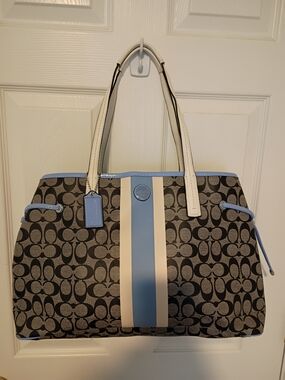 Coach Rare Signature Stripe Tote Bag in Blue, White& Gray NWT MSRP $378